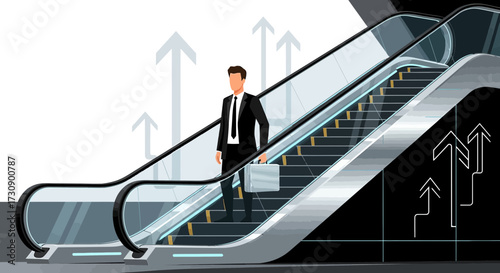 Illustration of a confident businessman ascending an escalator towards business growth and success