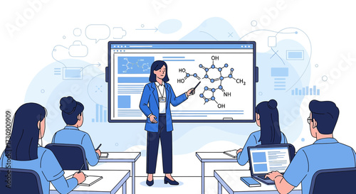 Illustration of a female teacher lecturing chemistry to students in a classroom setting vector