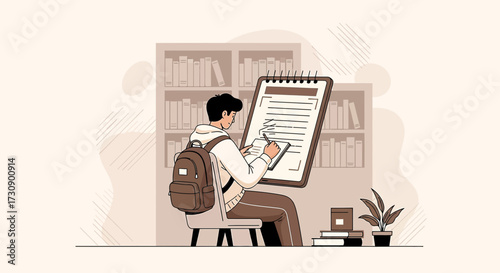 Illustration of a focused student taking notes in a library setting with bookshelves