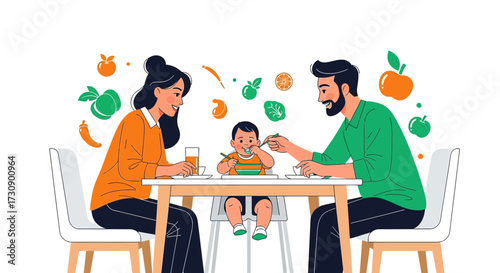 Illustration of a happy family feeding their baby with healthy food at the table