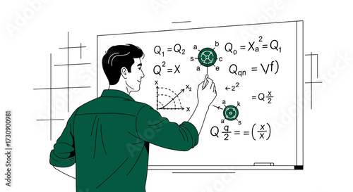 Illustration of a man explaining complex formulas on a whiteboard for educational purposes