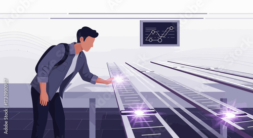 Illustration of a man interacting with a futuristic technology interface on a table