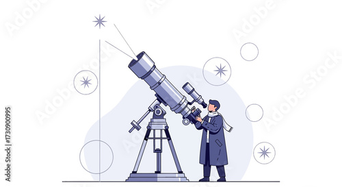 Illustration of a Man Looking Through a Telescope Discovering Stars in the Night Sky