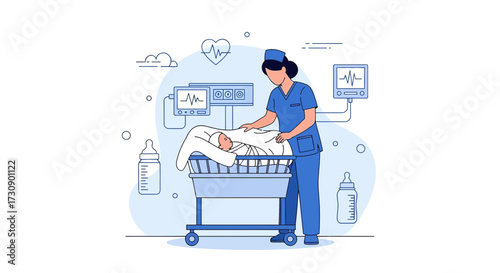 Illustration of a nurse tending to a newborn baby in an incubator with medical equipment