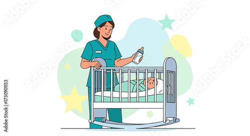 Illustration of a nurse with a baby in a crib expressing care and nurturing for the infant