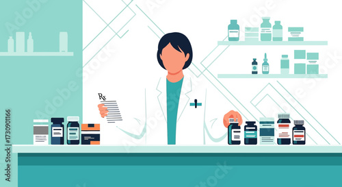 Illustration of a pharmacist behind the counter filling prescriptions for patients health