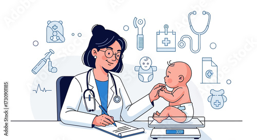 Illustration of a pediatrician checking a baby's weight during a routine examination procedure