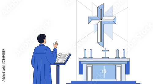 Illustration of a priest or religious figure delivering a sermon in a church setting