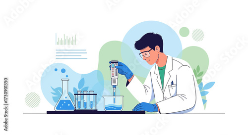 Illustration of a scientist conducting research in a laboratory setting with glassware and equipment