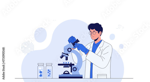 Illustration of a scientist using a microscope in a laboratory setting for research and analysis