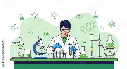 Illustration of a scientist in a lab doing research and conducting experiments meticulously