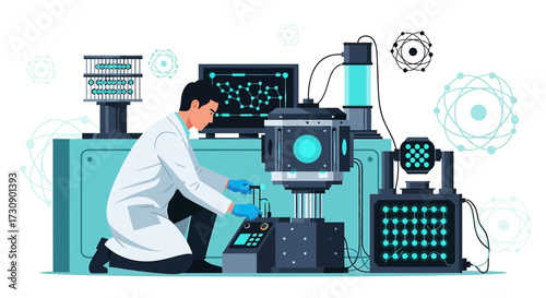 Illustration of a scientist working with advanced technology in a research laboratory setting