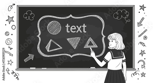 Illustration of a student teaching geometry on a blackboard with hand-drawn shapes and text
