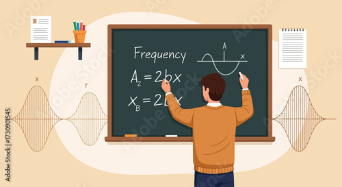 Illustration of a teacher explaining frequency formulas on a blackboard in a classroom setting