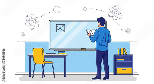 Illustration of a teacher explaining science concepts in a classroom environment