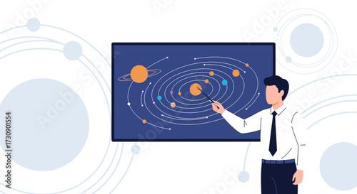 Illustration of a teacher explaining the solar system and planets on a screen providing a detailed