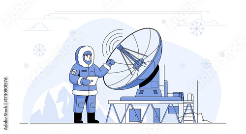 Illustration of a technician in arctic gear operating a large satellite dish in winter