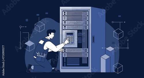 Illustration of a technician maintaining a server rack in a data center environment