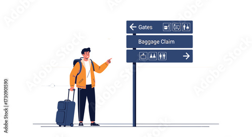 Illustration of a traveler with luggage at an airport following directions signboards for