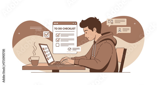 Illustration of a young man working on a laptop with a to-do list in a modern and simple style