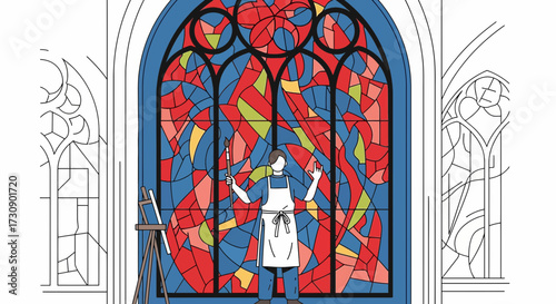 Illustration of an artist painting a vibrant stained glass window in a cathedral setting showing