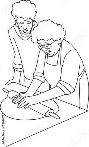 granny on the kitchen cooking with grandson line vector minimalistic illustration. Vector illustration