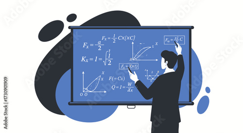 Illustration showcasing a physics teacher explaining formulas on a projection screen in a