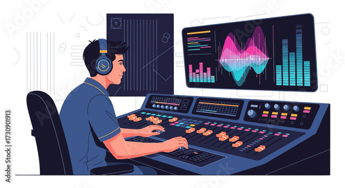 Illustration showcasing a music producer working on a mixing console in a studio environment