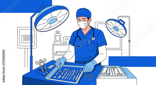 Illustration showcasing a surgeon preparing surgical instruments in operating room environment
