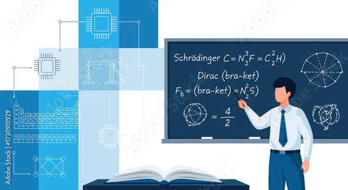 Illustration showcasing a professor teaching quantum physics with digital graphic elements