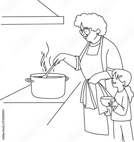 grandmother cooking with granddaughter line vector minimalistic illustration. Vector illustration