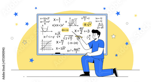 Illustrative depiction of a man explaining mathematical equations on a whiteboard presentation