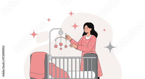 Illustrative depiction of a mother interacting with a baby's crib and mobile in a nursery setting
