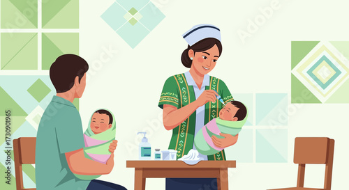 Illustrative depiction of a nurse administering medication to a baby with family present showing