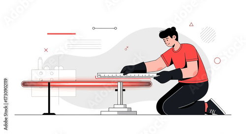 Illustrative worker in safety gloves measuring heated glass production line with ruler