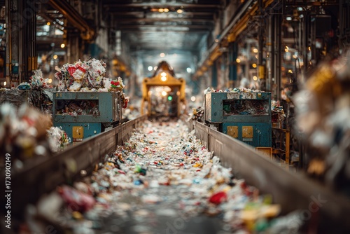 Recycling plant scene with waste being processed by machines