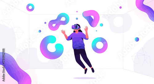Immersive virtual reality experience woman exploring simulated 3D environment with VR headset