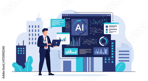 Man analyzing AI data on laptop with city background vector illustration design