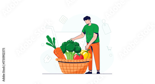 Man choosing fresh vegetables in a basket at the supermarket for healthy lifestyle