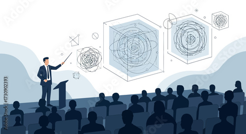 Man delivering a presentation on complex mathematical concepts to a seated audience in a hall