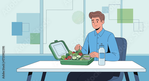 Man enjoys a healthy lunch break with a vibrant salad in a modern office setting portraying