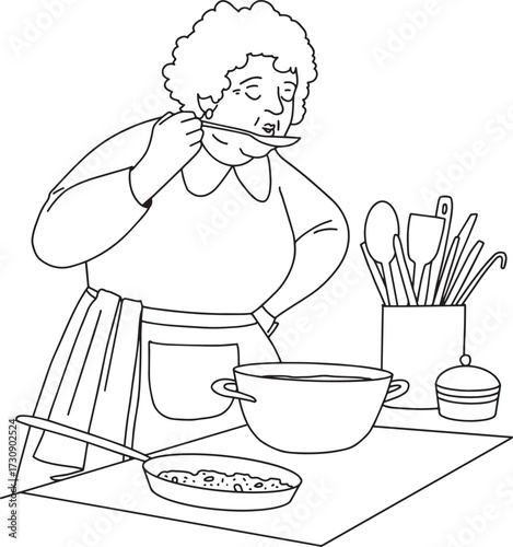 grandmother cooking soup line vector minimalistic art illustration. Vector illustration