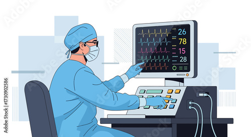 Medical professional monitoring patient's vital signs on a sophisticated machine during procedure