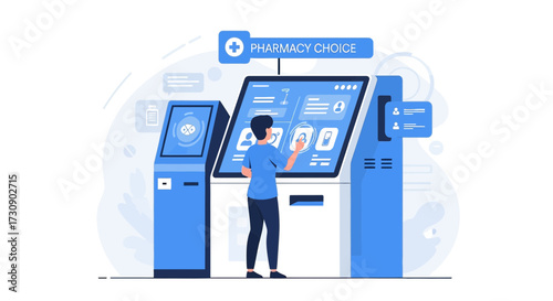 Modern pharmacy choice kiosk illustration provides efficient self service automation