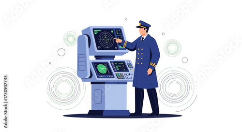 Naval officer monitoring radar system controlling ship in the ocean illustration