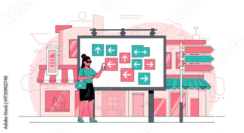 Navigating choices woman with smartphone faces directional challenges on urban street billboard