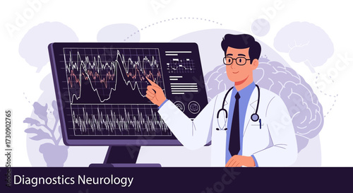 Neurologist analyzing brain waves on computer screen for diagnosis purposes within a healthcare
