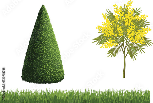 Green topiary tree illustration, vibrant yellow flower tree vector, decorative garden artwork, tropical floral 