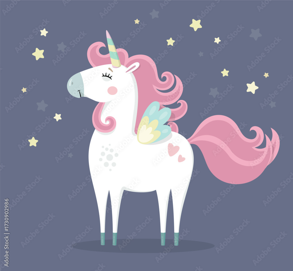 Fototapeta premium Основные RGCute proud magical unicorn in stars. Little princess theme. Vector hand drawn illustration. Beautiful fantasy cartoon animal. Great for kids party, greeting cards, invitation, print for apB