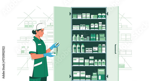 Pharmacist reviewing medication in a stocked pharmacy cabinet with a modern aesthetic style
